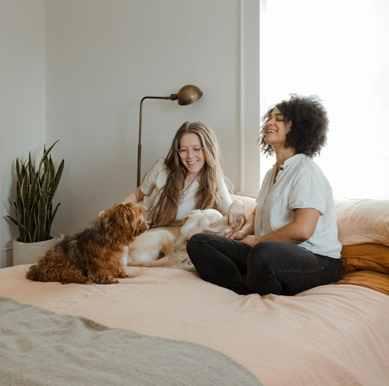Couple sitting on bed with dogs discussing if they should rent or buy a home.